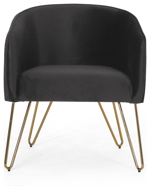 Paul Modern Glam Velvet Club Chair with Hairpin Legs, Black + Gold
