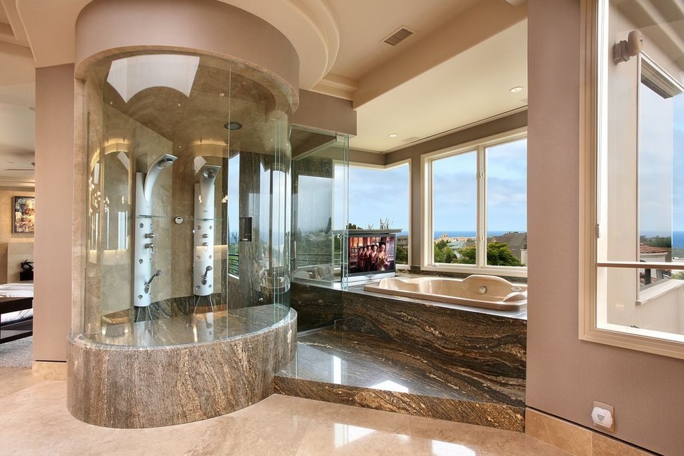 Large contemporary master bathroom in Los Angeles with medium wood cabinets, a hot tub, an open shower, multi-coloured tile, stone slab, travertine floors and engineered quartz benchtops.