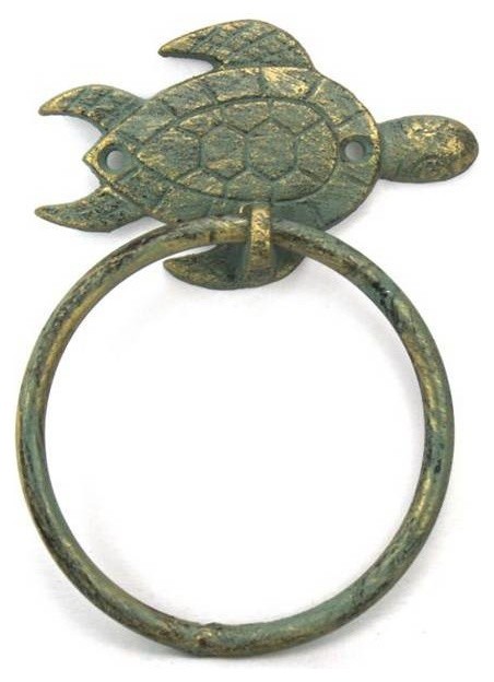 Antique Bronze Cast Iron Sea Turtle Towel Holder 7'', Sea Turtle Decoration