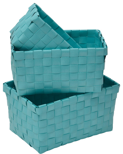 Checkered Woven Strap Storage Baskets Totes Set of 3, Blue Turquoise