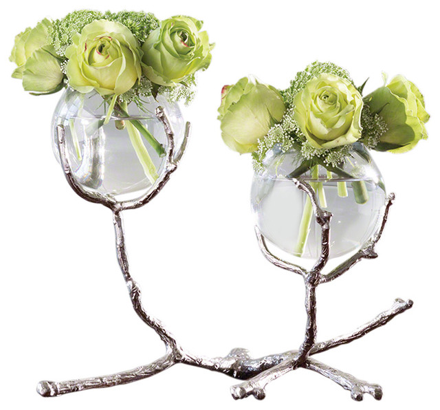 Twig Branch Metal Glass Bud Vase, Silver Double Centerpiece Sculpture