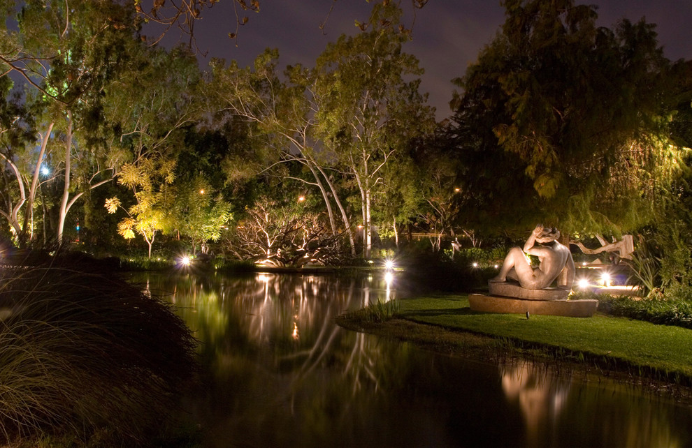 Inspiration for a large transitional backyard pond in Orange County.