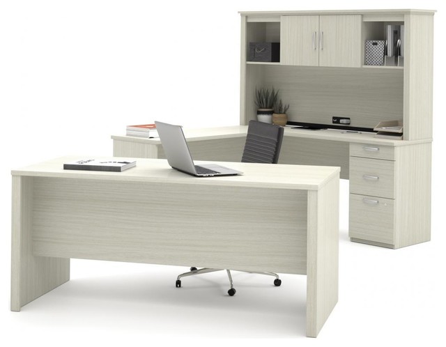 White Chocolate Premium Modern U Shaped Desk Hutch