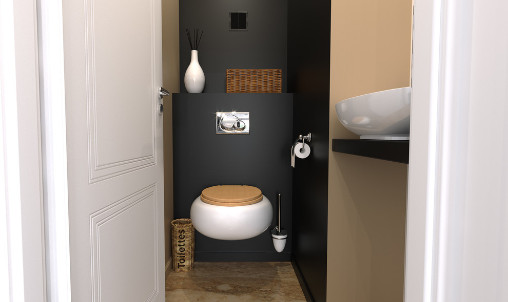 Contemporary powder room in Montpellier with a wall-mount toilet, black walls, marble floors, a vessel sink, wood benchtops and brown floor.