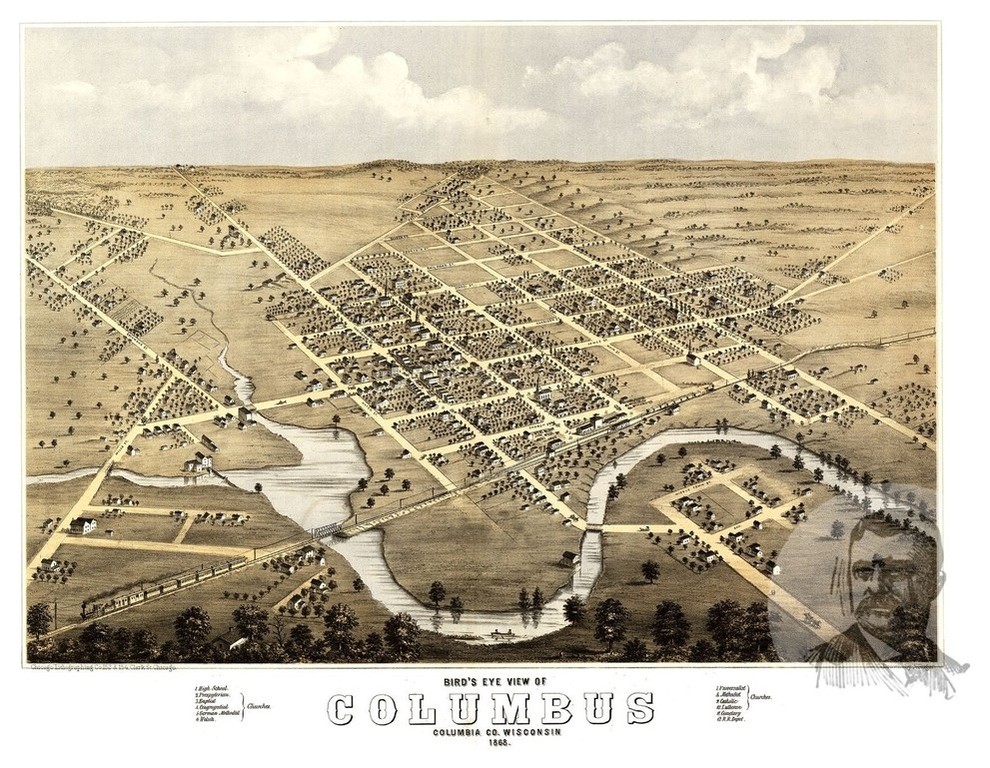 Old Map of Columbus Wisconsin 1868, Vintage Map Art Print, 12"x18