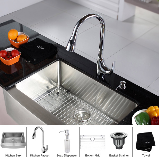Kraus 30" Farmhouse Single Bowl Stainless Steel Kitchen Sink with Chrome Kit