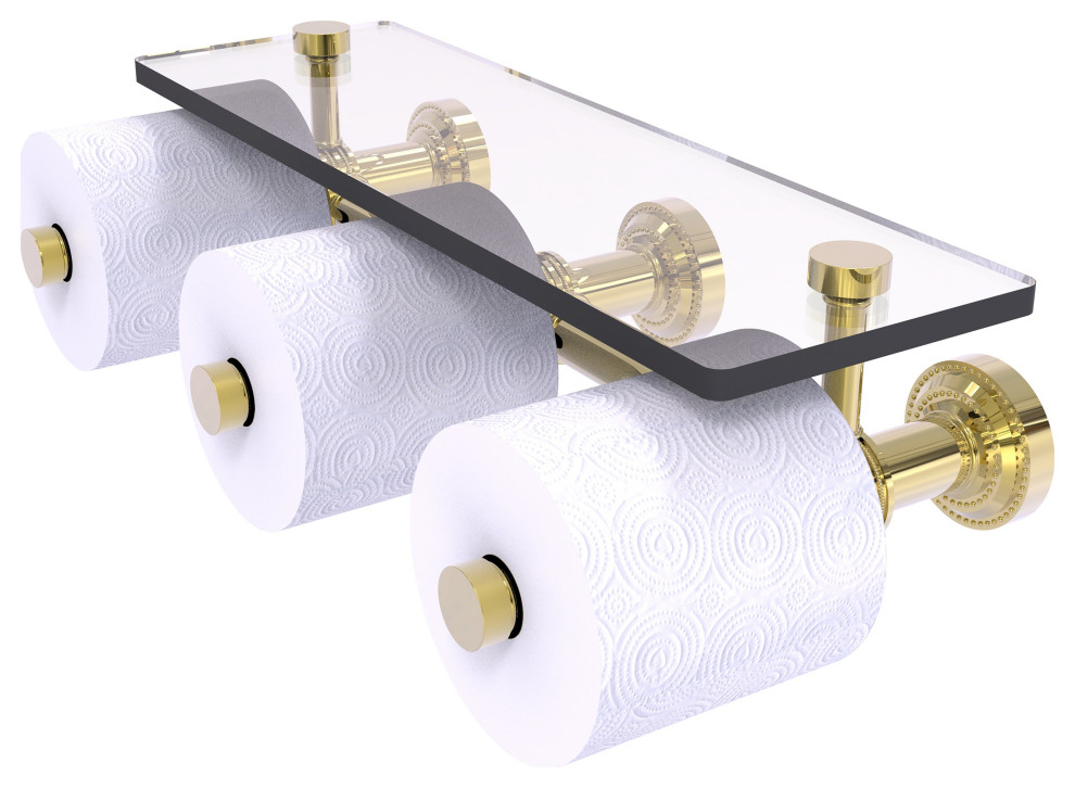 Dottingham 3 Roll Toilet Paper Holder and Glass Shelf, Unlacquered Brass
