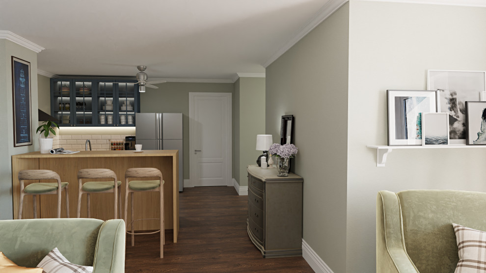 Réalisation d'une petite salle à manger ouverte sur la cuisine nordique avec un mur gris, parquet peint et un sol marron.