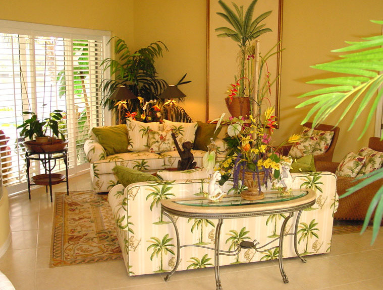 Inspiration for a transitional living room in Miami with porcelain floors and yellow walls.
