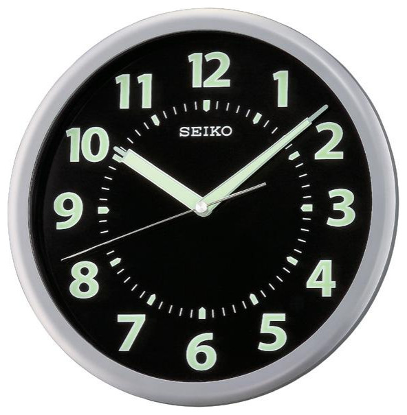 Seiko Clocks, 10" Black Wall Clock With Luminous GlowInTheDark Hands