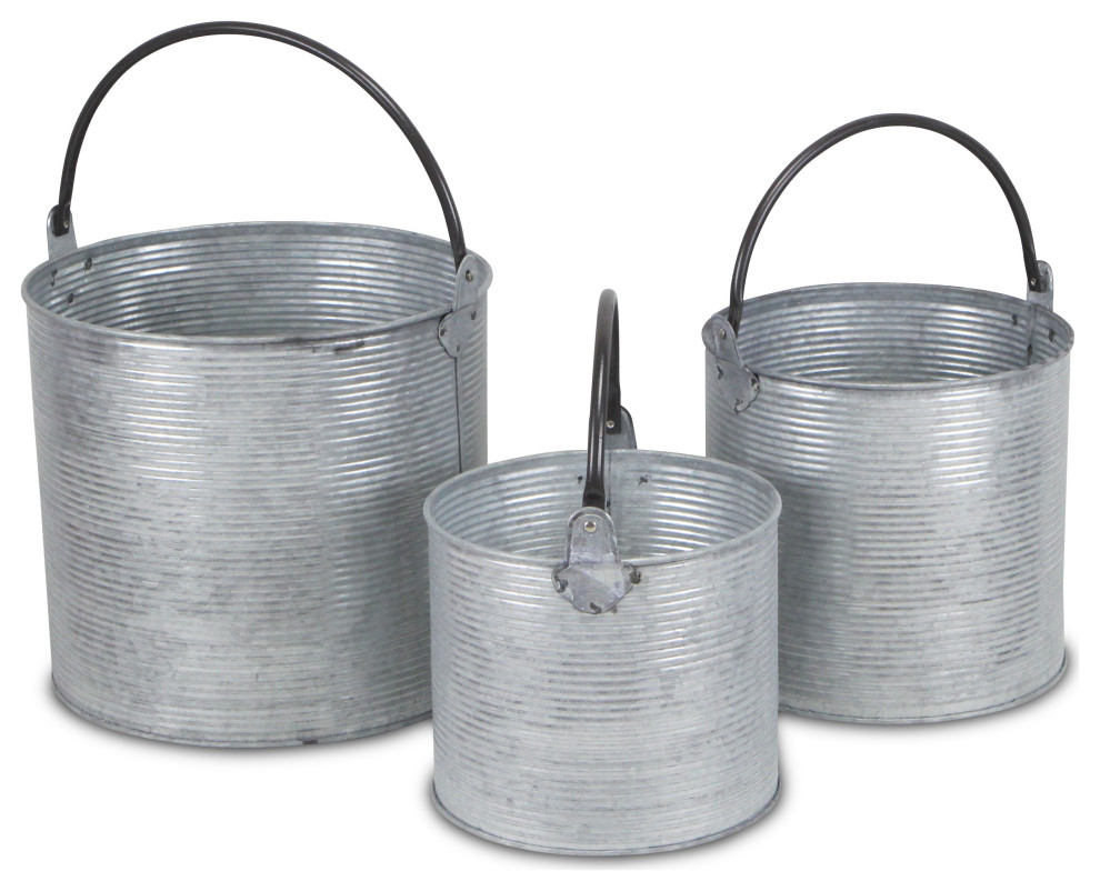 Textured Metal Garden Buckets, Set of 3 Industrial Baskets by