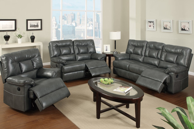 Modern Gray Leather Reclining Sofa Loveseat Motion Couch Living