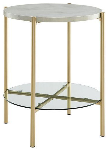 20" End Table Nightstand - White Marble Top, Glass Shelf ...