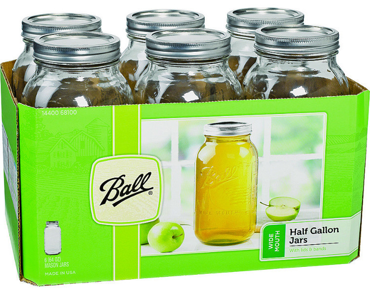 Ball® 68100 Wide Mouth Glass Preserving Jars, 1/2-Gallon, 6-Pack