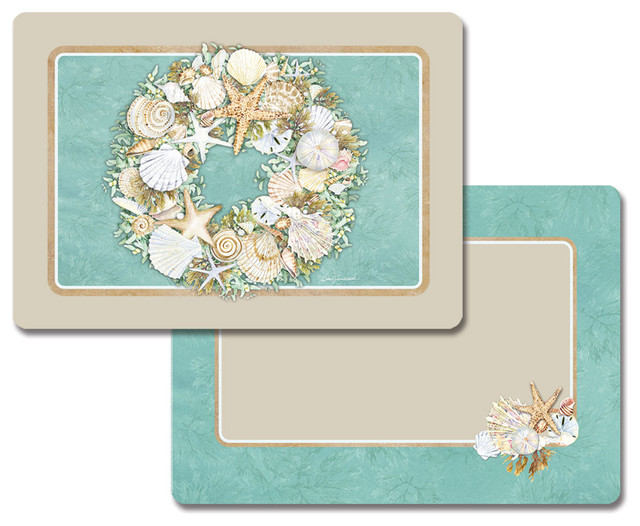 Vinyl Plastic Placemats Reversible Coastal Wreath Seashells Set of 4