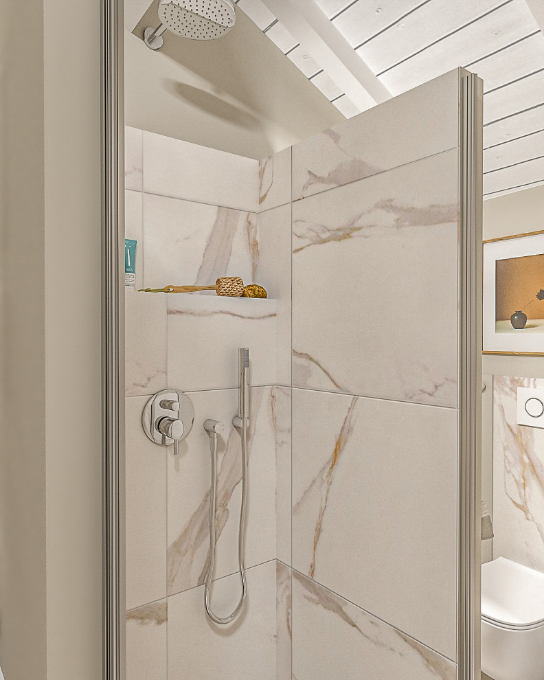 This is an example of a small contemporary shower room bathroom in Milan with flat-panel cabinets, beige cabinets, an alcove shower, a two-piece toilet, white tiles, porcelain tiles, beige walls, porcelain flooring, a vessel sink, engineered stone worktops, beige floors, a hinged door, white worktops, a wall niche, a single sink, a freestanding vanity unit and exposed beams.