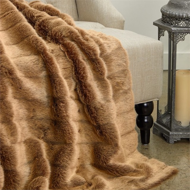 Plutus Frost Mink Light Brown Faux Fur Luxury Throw, Throw 36W x 60L