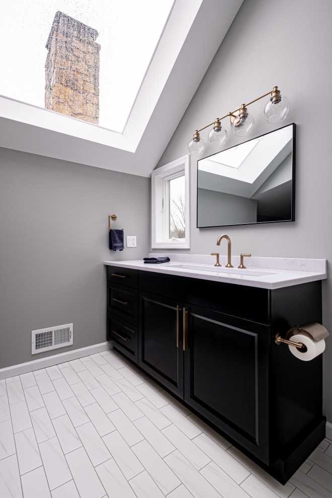 Design ideas for a large transitional master bathroom in Newark with black cabinets, white benchtops, shaker cabinets, an alcove shower, a two-piece toilet, white tile, grey walls, an undermount sink, engineered quartz benchtops, a hinged shower door, a niche, a single vanity, a built-in vanity and vaulted.