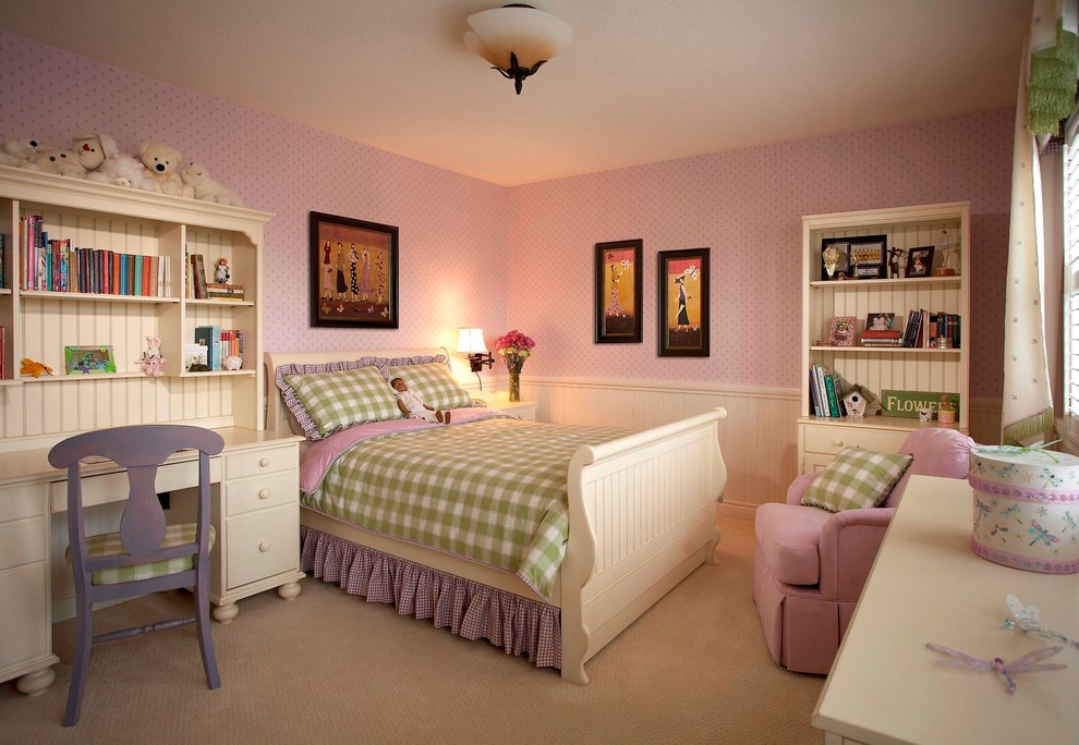 Mid-sized traditional kids' room in Toronto with pink walls and carpet for girls.