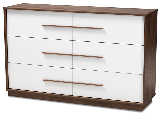Walnut 6 Drawer Wood Dresser, White Lacquer Mid Century Dresser