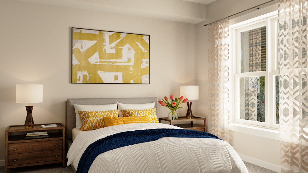 Idee per una piccola camera da letto design con pareti beige, parquet chiaro e pavimento marrone