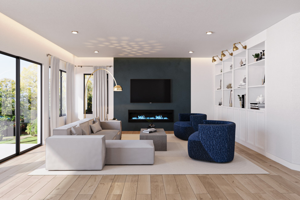 Immagine di un soggiorno minimal aperto con pareti bianche, pavimento in gres porcellanato e pavimento marrone