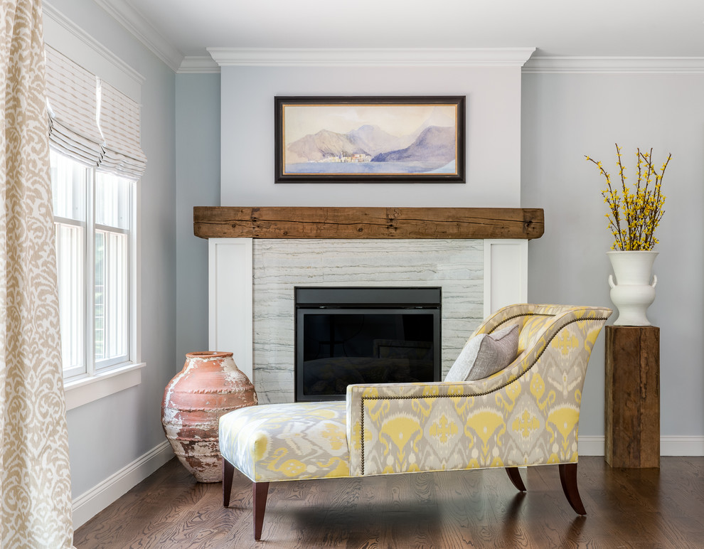 Inspiration for a farmhouse master dark wood floor bedroom remodel in Boston with blue walls