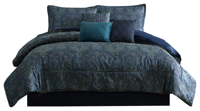 Benzara BM283915 7 Piece Polyester Queen Comforter Set, Jacquard Pattern, Teal
