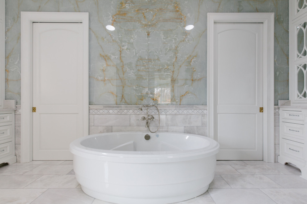 Inspiration for a large contemporary master wet room bathroom in Louisville with furniture-like cabinets, white cabinets, a freestanding tub, white tile, stone slab, an integrated sink, engineered quartz benchtops, an open shower, white benchtops, a double vanity, a built-in vanity and coffered.