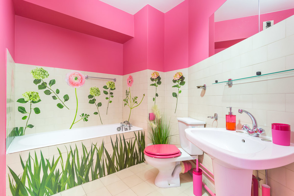 Design ideas for a mid-sized tropical master bathroom in Paris with open cabinets, a corner tub, white tile, pink tile, ceramic tile, multi-coloured walls, cement tiles, a trough sink, tile benchtops, white floor and an open shower.