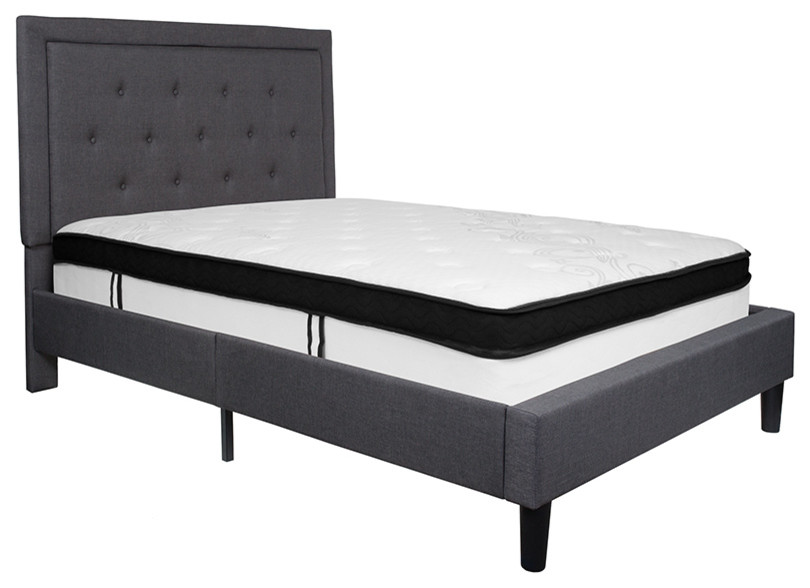 Full Size Tufted Platform Bed in Dark Gray Fabric with Memory Foam Mattress Transitional