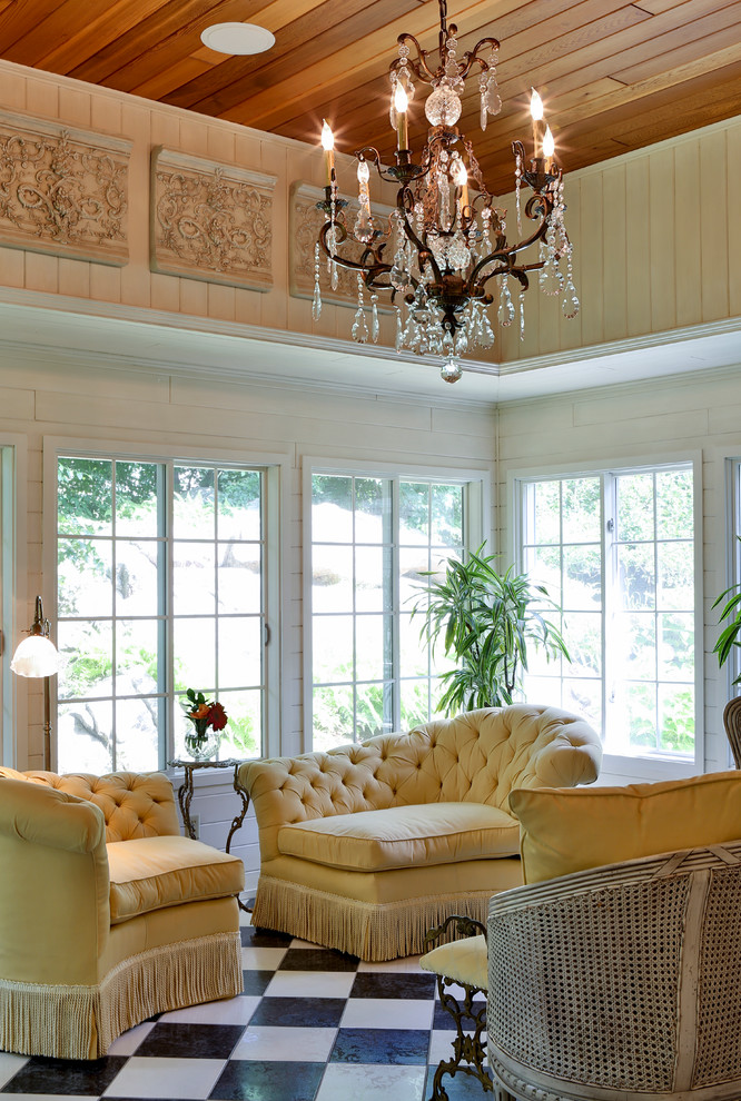 Large traditional sunroom in Boston with ceramic floors, no fireplace and a standard ceiling.