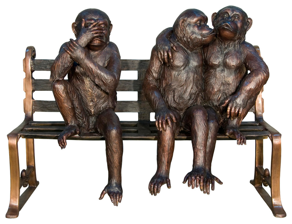Three Monkeys Socializing on a Bench Sculpture Contemporary Garden