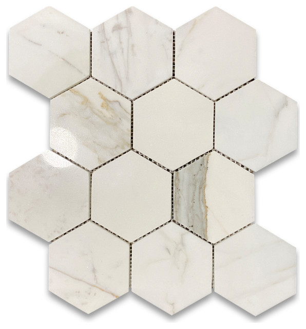 Calacatta Gold Marble 4 inch Hexagon Mosaic Tile Polished Calcutta Oro, 1 sheet