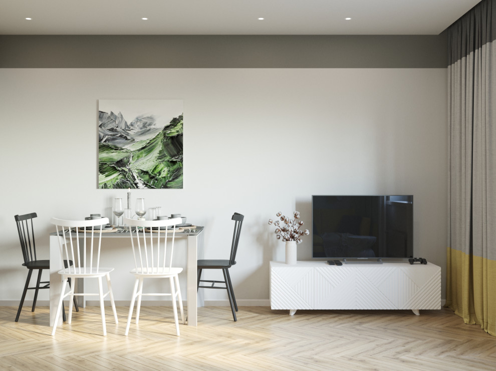 Лимонный меланж: солнечная и уютная кухня-гостиная.