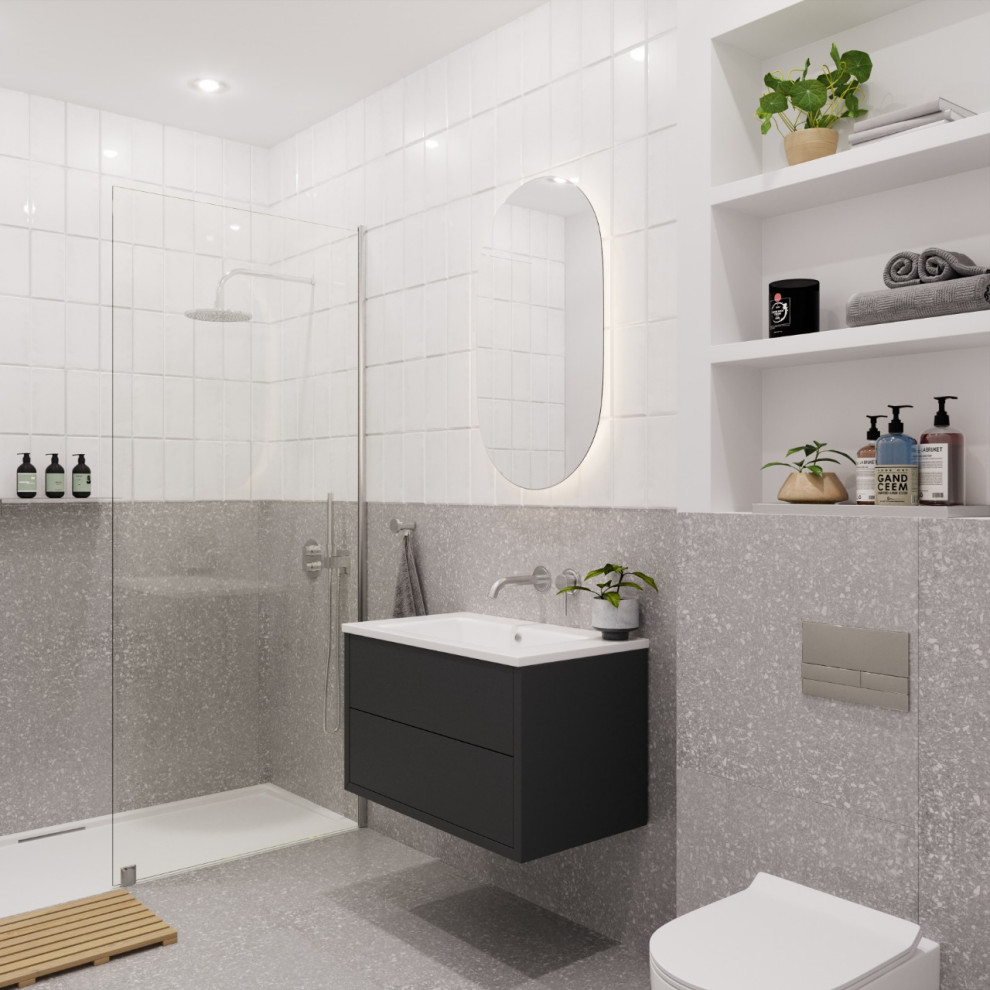 Пример оригинального дизайна: детская ванная комната среднего размера в стиле модернизм с плоскими фасадами, серыми фасадами, открытым душем, инсталляцией, белой плиткой, керамогранитной плиткой, желтыми стенами, полом из терраццо, серым полом, открытым душем, акцентной стеной, тумбой под одну раковину и подвесной тумбой