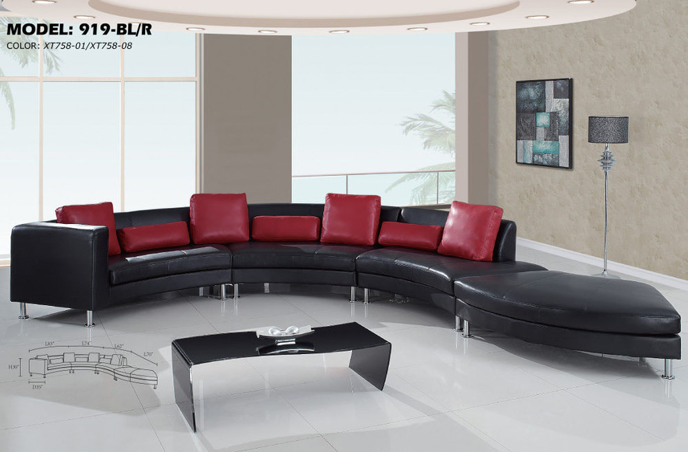 919 4Pc Ultra Bonded Leather Sectional in Black with Red Pillows