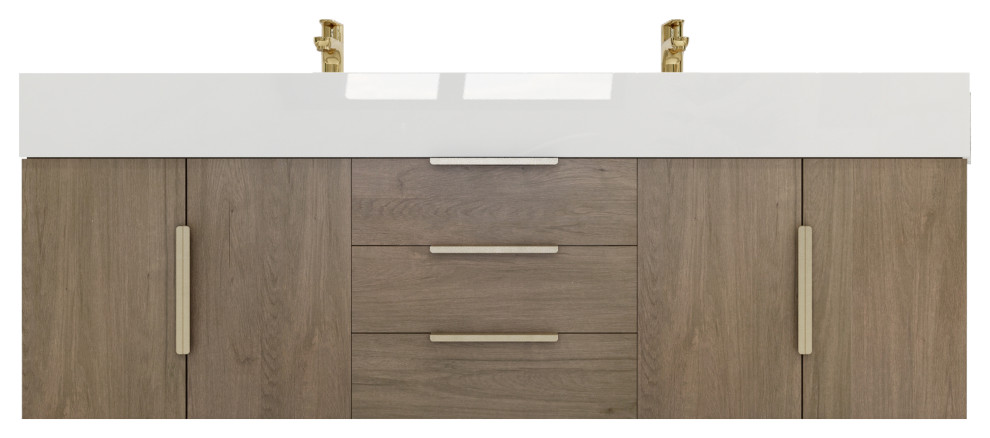 Madison 60" Wall Mounted Double Sink Vanity with Reinforced Acrylic Sink, Light Oak