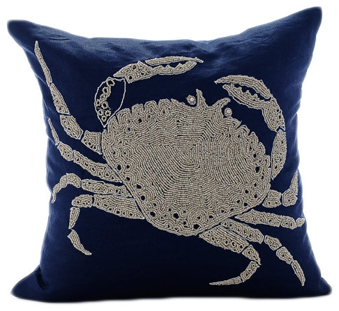 Luxury Pillow Cover 18" x 18" Navy Blue Cotton Sea Creatures - Crab At The Shore