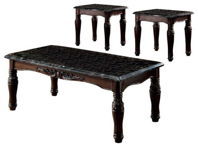 Faux Marble Top Coffee And End Tables Set Espresso Brown Pack Of 3