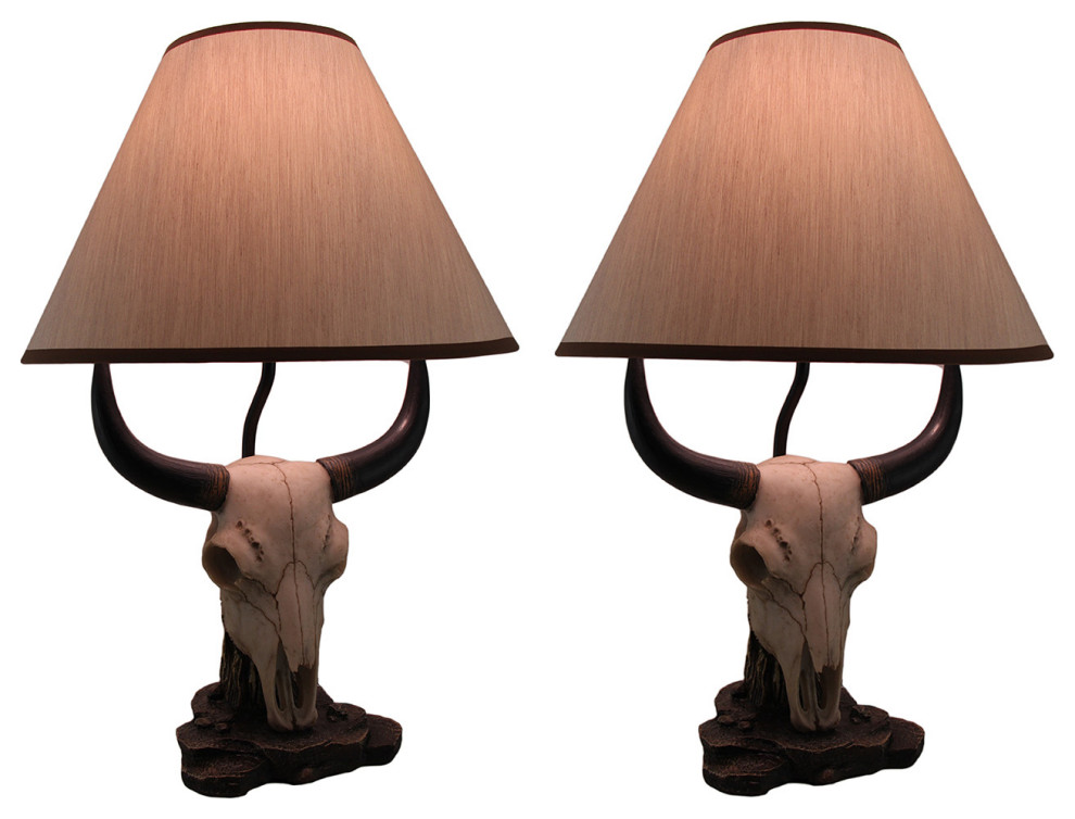 Set of 2 Bovine Cow Skull Cattle Ranch Decorative Table Lamps with