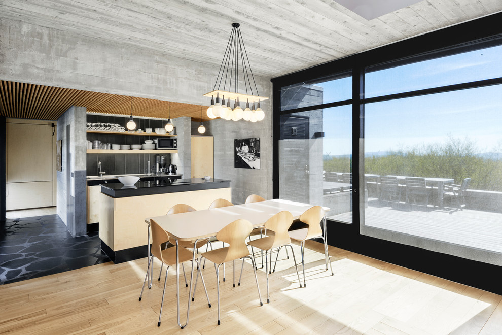 Modern kitchen/dining combo in Toronto with light hardwood floors and beige floor.