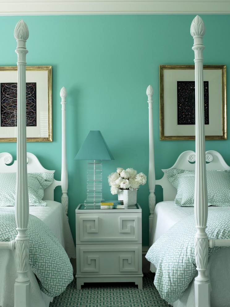 Inspiration for a transitional guest bedroom in New York with blue walls.