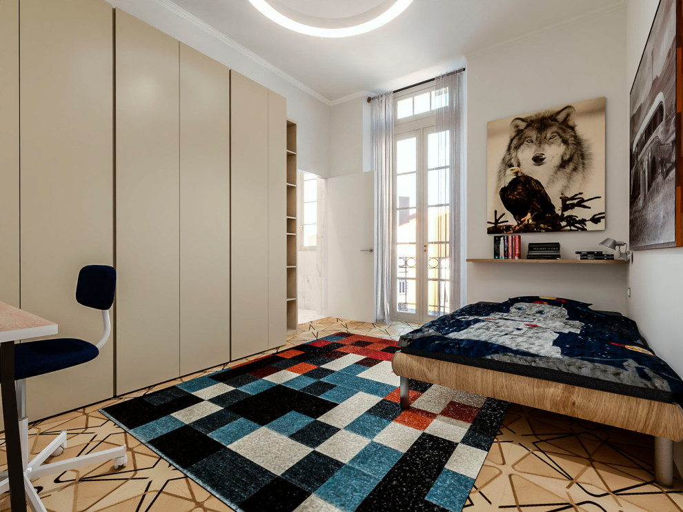 Design ideas for a mid-sized contemporary kids' room for boys in Milan with white walls, light hardwood floors and recessed.