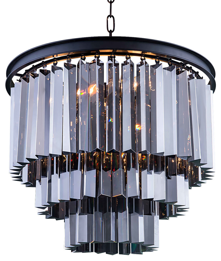Glass Fringe 9-Light Chandelier, Gray Iron, Smoke, With LED Bulbs