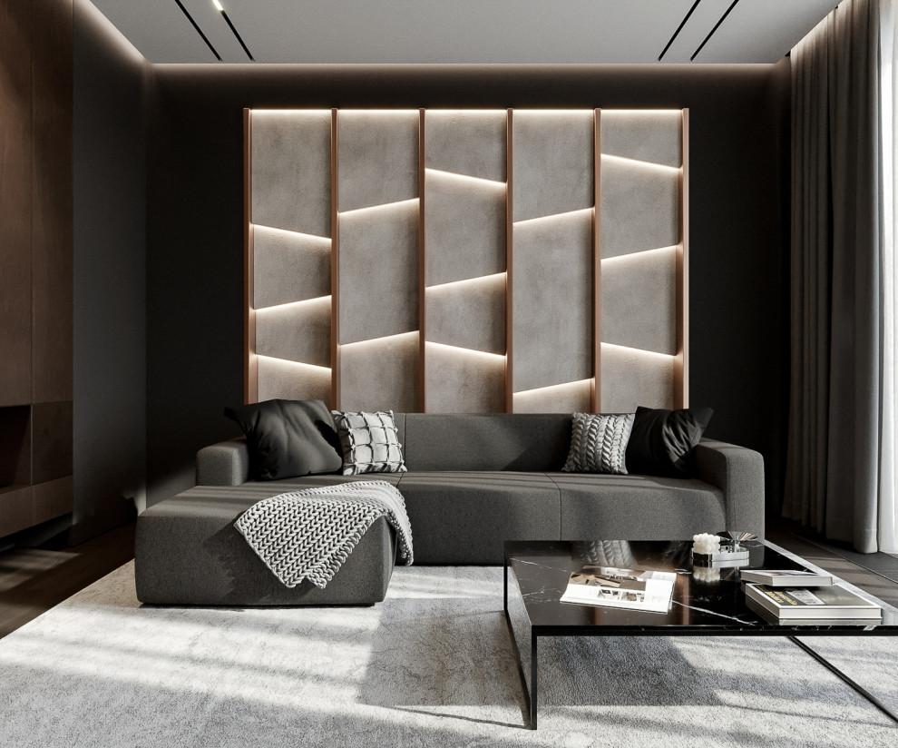 Mittelgroßes, Fernseherloses Modernes Wohnzimmer ohne Kamin, im Loft-Stil mit schwarzer Wandfarbe, braunem Holzboden, braunem Boden und Wandpaneelen in Sonstige