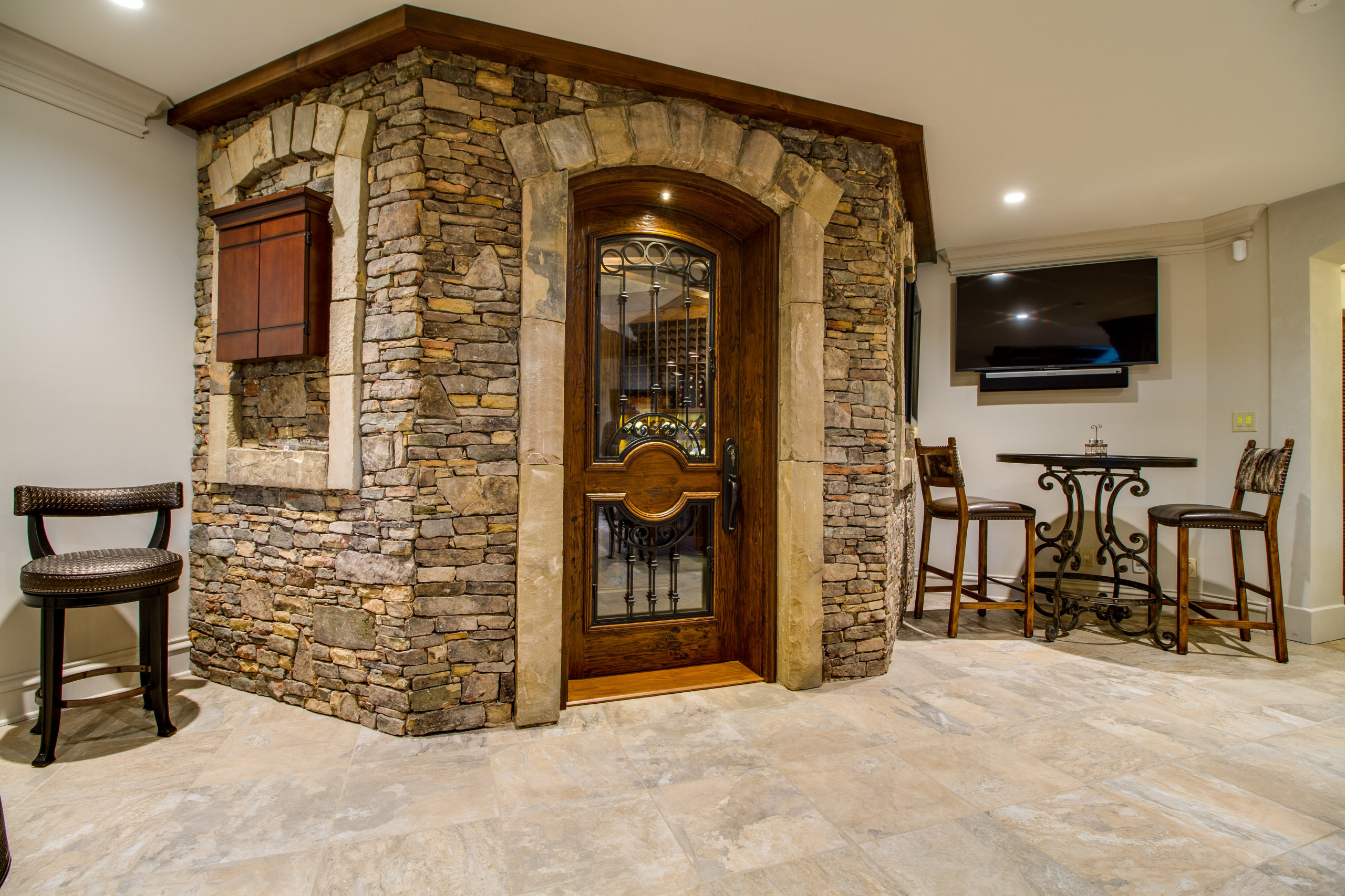 Custom crab orchard dry stack stone rapping the Octagon Wine Cellar