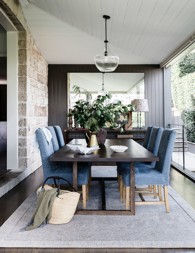 Design ideas for a traditional dining room in Sydney with grey walls and dark hardwood floors.