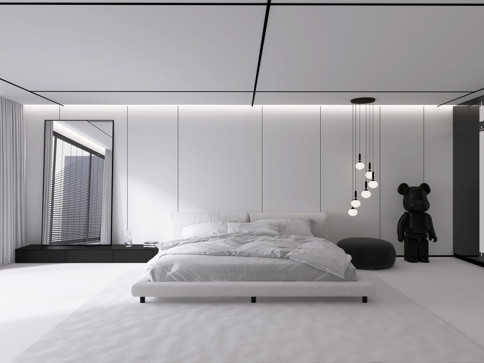 Белая спальня в стиле минимализм.  Основная чертами этой спальни это большая гар