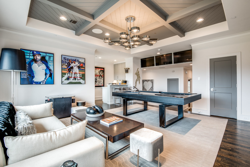 This is an example of a transitional family room in Dallas with a game room, grey walls, dark hardwood floors and a wall-mounted tv.